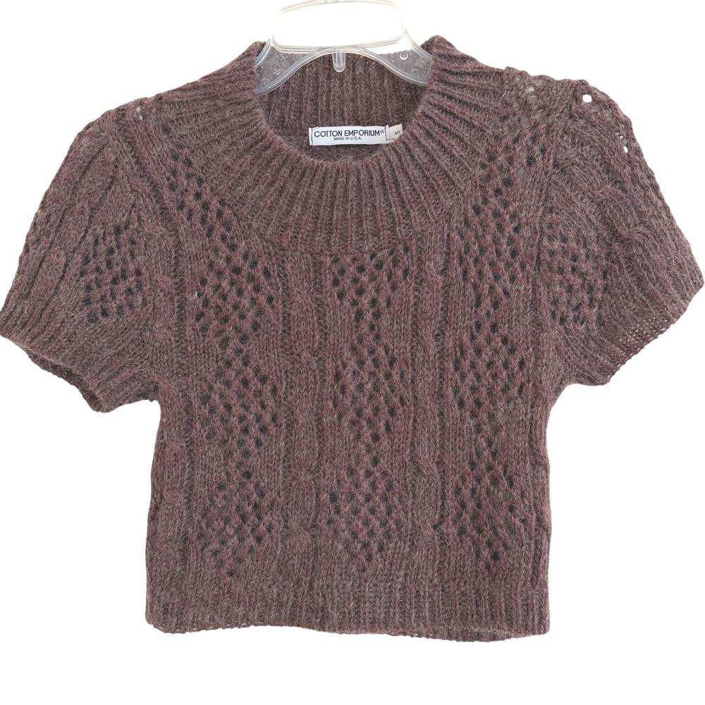 Cotton Emporium Brown Mohair Blend Pointelle Cable Knit Crop‎ Sweater S USA EUC